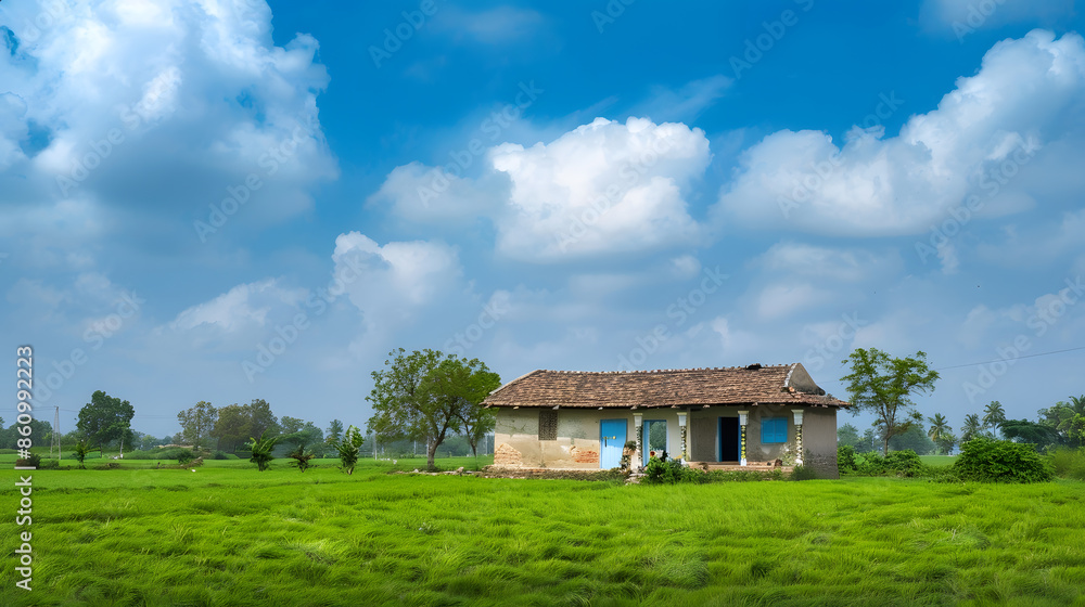Traditional Indian village house surrounded by green grass and beatiful cloudy blue sky Village landscape : Generative AI Traditional Indian village house surrounded by green grass and beatiful cloudy blue sky Village landscape : Generative AI