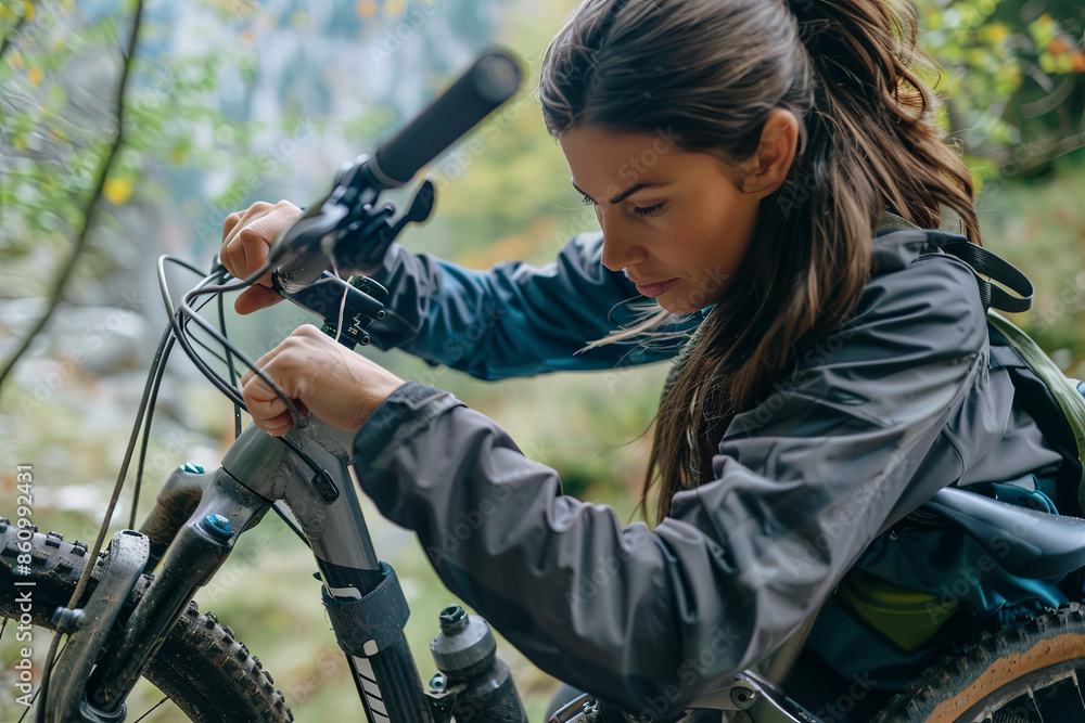 Obraz premium Woman repairing a mountain bike
