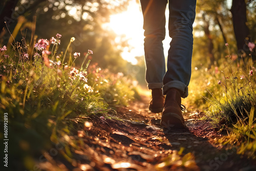 Serene walk in nature; following footsteps towards sunset