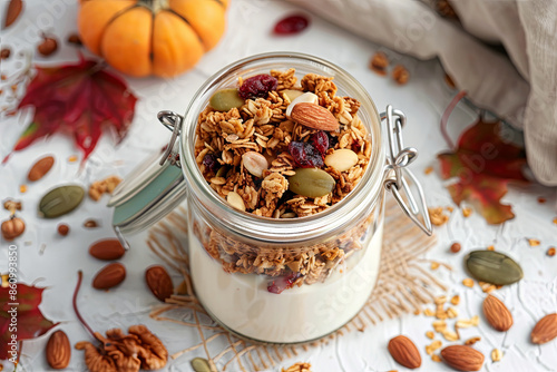 Homemade granola in a glass jar with Greek yogurt or milk, cashews, almonds, pumpkin seeds, and dried cranberries photo
