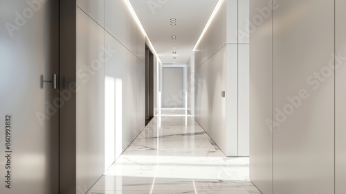 Clean-lined corridor in a modern apartment, white walls and sleek doors, emphasizing simplicity and elegance