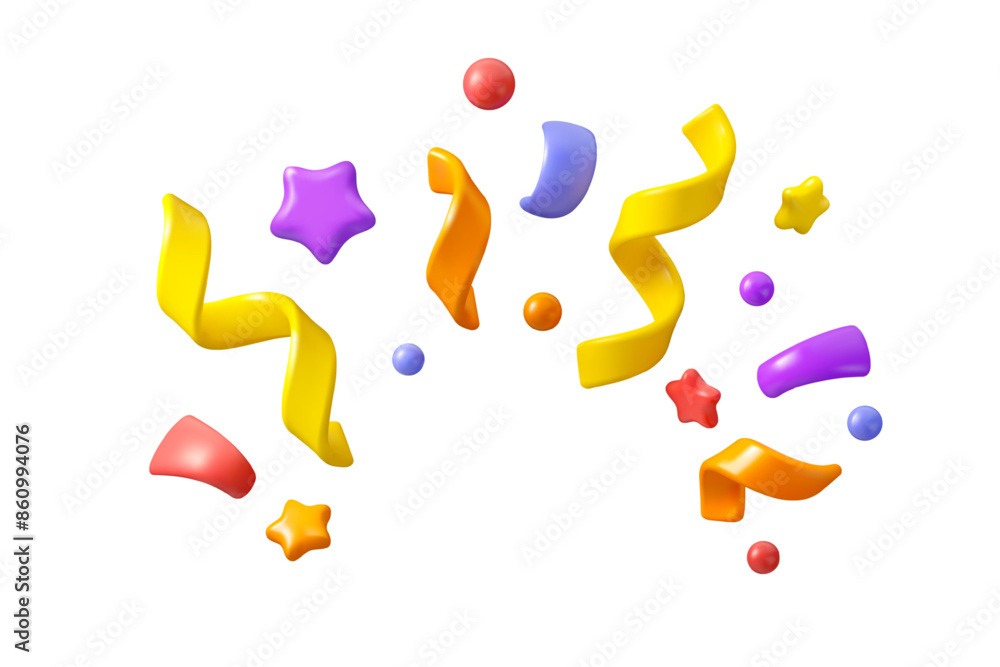 Vector 3d confetti firework background. Colorful realistic firecracker icon, cute design elements isolated. Birthday or carnival illustration, party serpentine decoration set.