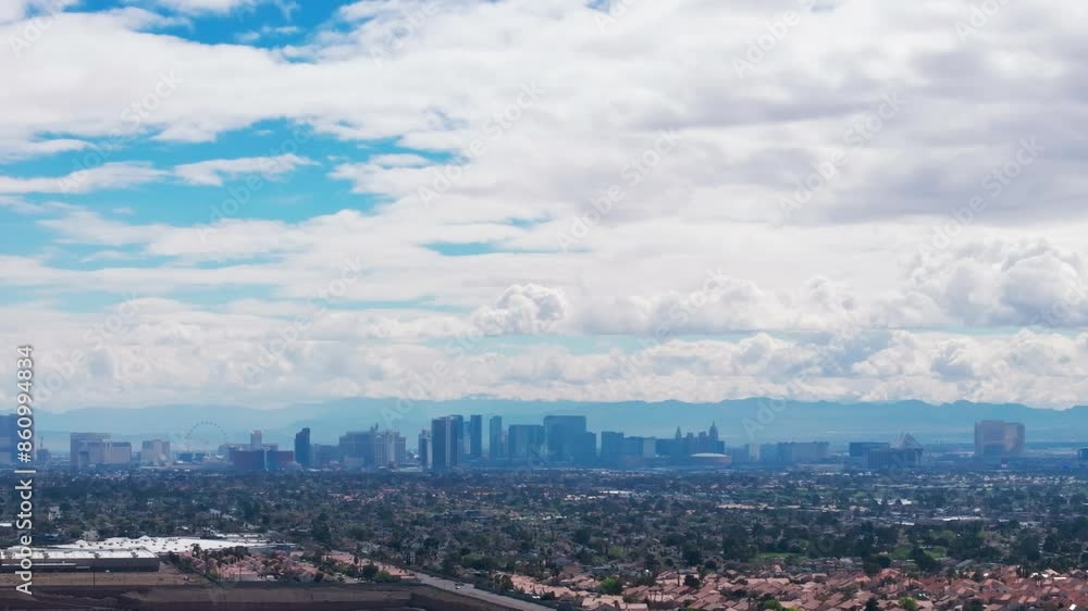 Drone shot panning the downtown and Las Vegas Strip in the daytime Drone shot panning the downtown and Las Vegas Strip in the daytime