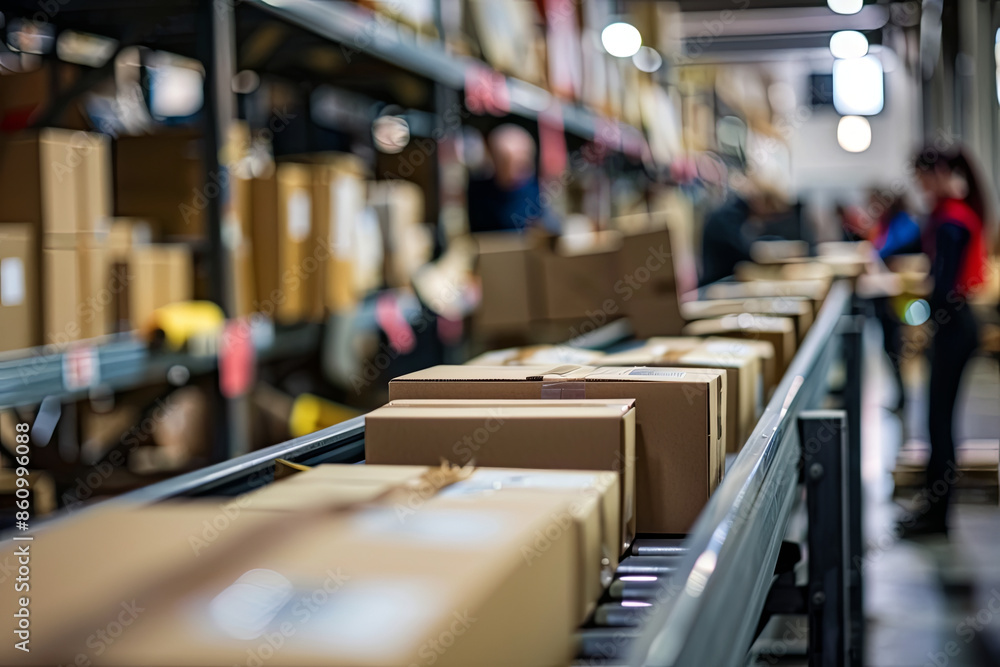 Fototapeta premium Capturing the organized chaos of a bustling e-commerce warehouse with workers efficiently packing products for shipment