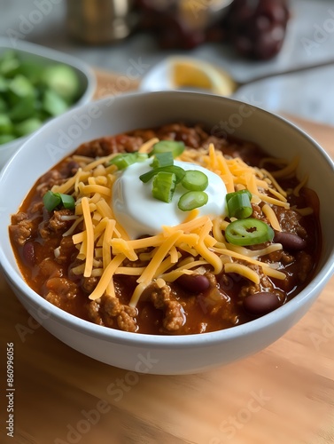 A bowl of chili with shredded cheese, sour cream, and green onions.