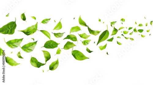 Green leaves floating isolated on white background