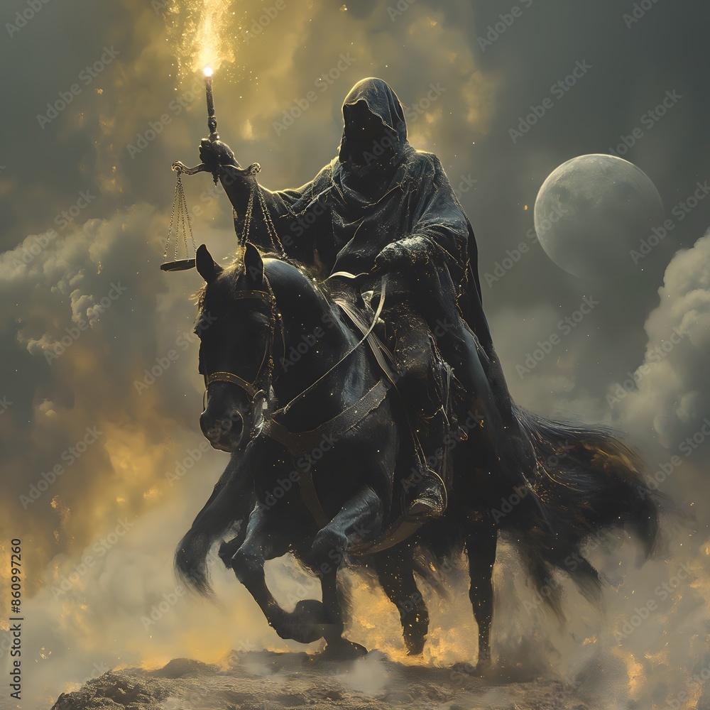 The Third of the Four Horsemen of the Apocalypse, Carrying Scales and Riding a Black Horse Symbolizing Famine. Bible illustration from the Book of Revelation The Third of the Four Horsemen of the Apocalypse, Carrying Scales and Riding a Black Horse Symbolizing Famine. Bible illustration from the Book of Revelation