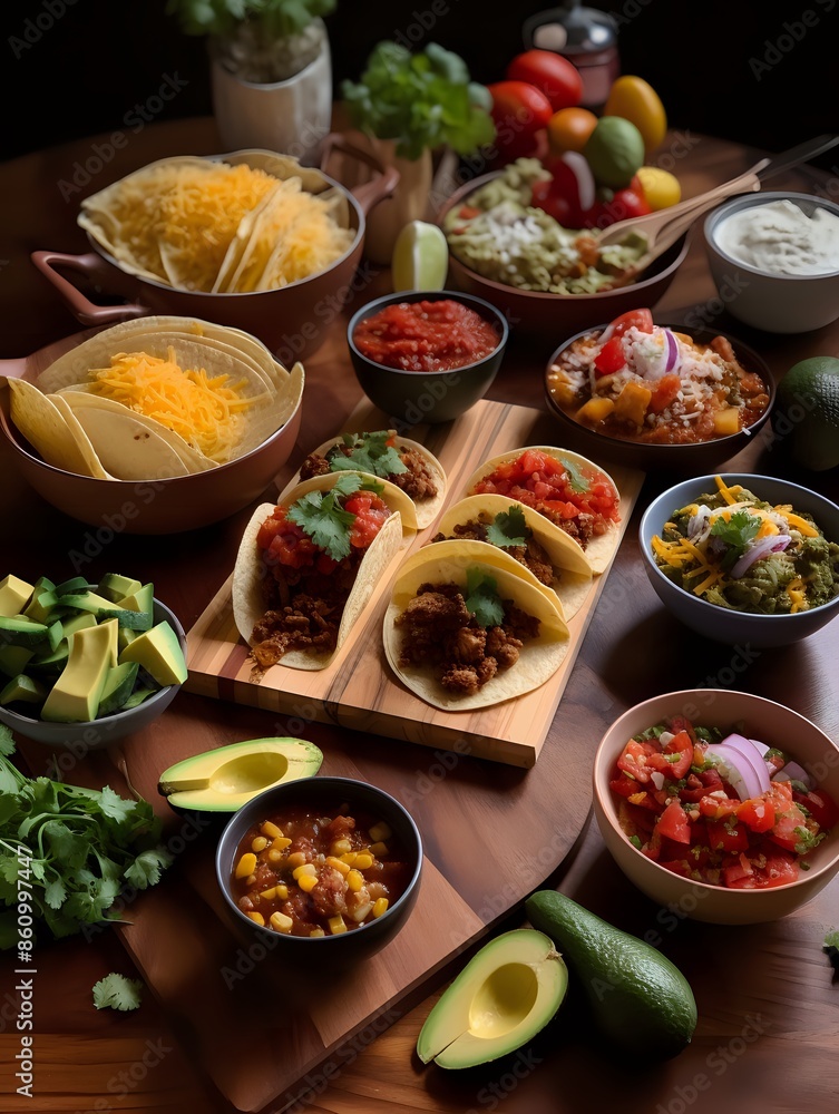 Delicious taco ingredients laid out on a wooden table. Delicious taco ingredients laid out on a wooden table.