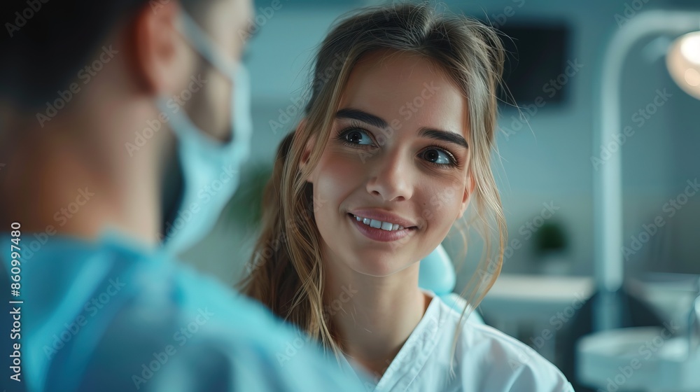Fototapeta premium A woman is smiling at a man in a white lab coat