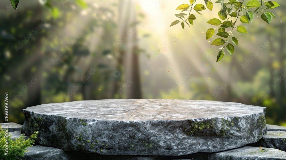 Stone pedestal on stone. Gray stone pedestal for placing goods. Green forest and blurred image on background. Nature landscape. Stone pedestal on stone. Gray stone pedestal for placing goods. Green forest and blurred image on background. Nature landscape.