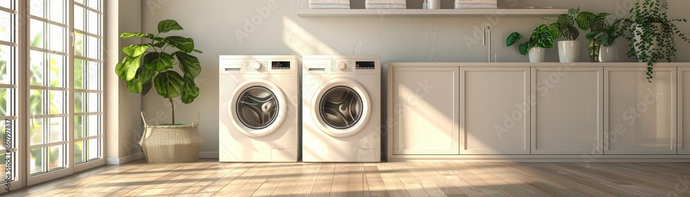 Sunlit laundry room featuring a modern washer and dryer, green plants, and white cabinets in a bright, minimalist home interior. Sunlit laundry room featuring a modern washer and dryer, green plants, and white cabinets in a bright, minimalist home interior.