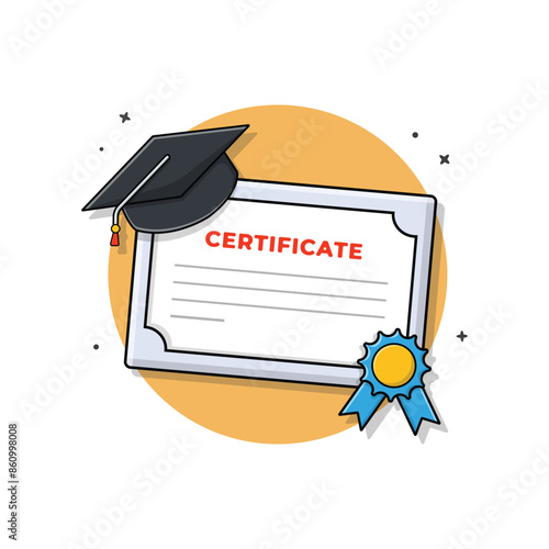 Certificate with Graduation Hat and Badge Vector Illustration. Graduation Concept Design