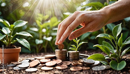 Growing Money: Coin Stack with Sprout in a Green Garden