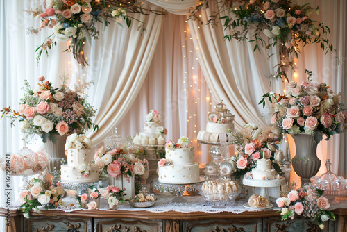 A vintage-themed birthday setup with lace and floral arrangements. photo