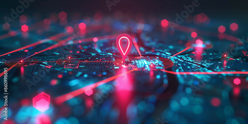 Eine digitale Karte, die einen Standort mit gesetzten Pins anzeigt, die KI-Technologie im GPS, Innovationen bei Lieferdiensten und Kartenstandorte für die zukünftige Transportlogistik darstellt photo