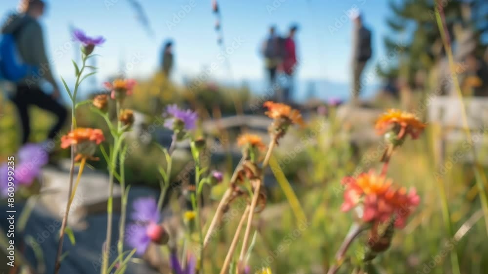 Foreground of delicate wildflowers in focus against blurred boardwalk scene. People strolling in distance on sunny day. Soft blue sky visible. Foreground of delicate wildflowers in focus against blurred boardwalk scene. People strolling in distance on sunny day. Soft blue sky visible.