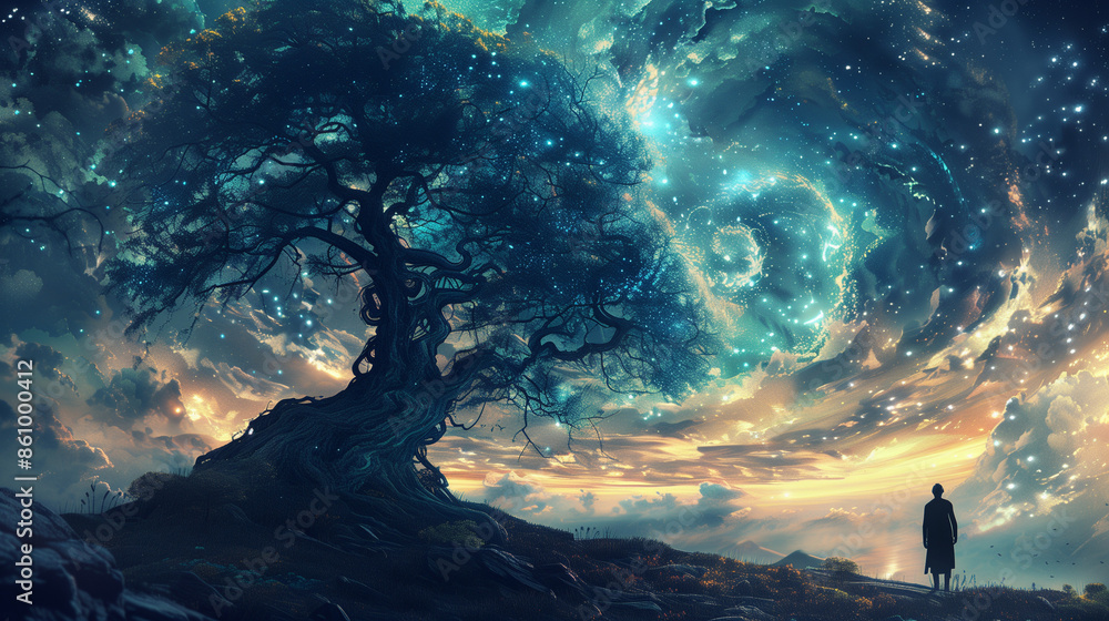 The Background Of A Large Fantastic Tree And An Unusual Galactic Sky The Background Of A Large Fantastic Tree And An Unusual Galactic Sky