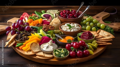 A beautifully arranged charcuterie board featuring fresh fruit, vegetables, cheese, dips, and crackers.