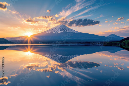 Majestic sunrise over Mount Fuji, with vibrant colors and clear skies