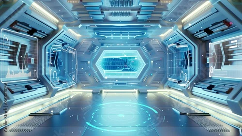 futuristic space with spaceship blue interior with empty window 3d rendering seamless looping overlay 4k virtual video animation background