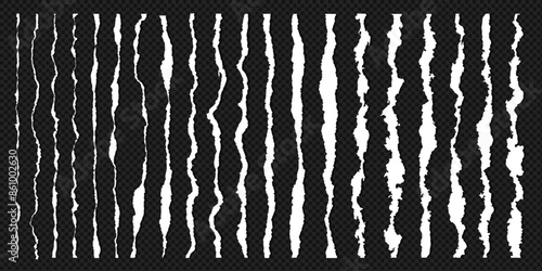 Torn or ripped pieces of white paper edge with shadow on transparent background. Torn paper edge for social media business banner. Ripped newspaper clip art or note with grunge brush stroke texture.