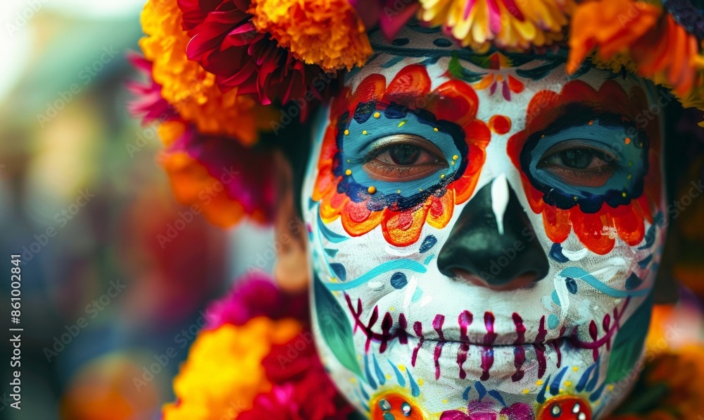 Portrait of a cheerful young man wearing a Mexican skull mask to celebrate the Day of the Dead party. A Mexican traditional festival. Portrait of a cheerful young man wearing a Mexican skull mask to celebrate the Day of the Dead party. A Mexican traditional festival.