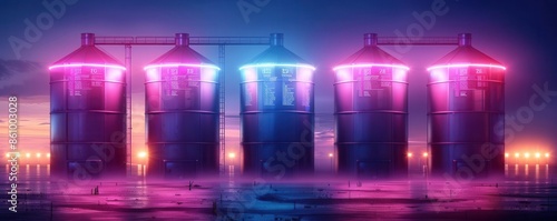 Futuristic farm silos with holographic data overlays, neon lighting, sci-fi style