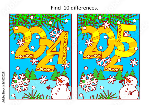 Years 2024 and 2025 difference game and coloring page with rasing year 2025 heading, cute little snowman, cheerful snowflake and outdoor winter scene

