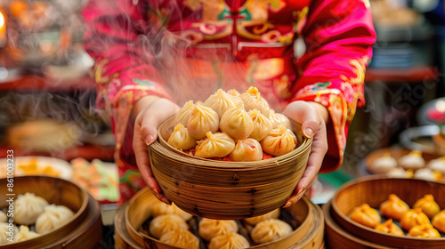 Chinese Dumplings, Steaming Baozi in Bamboo