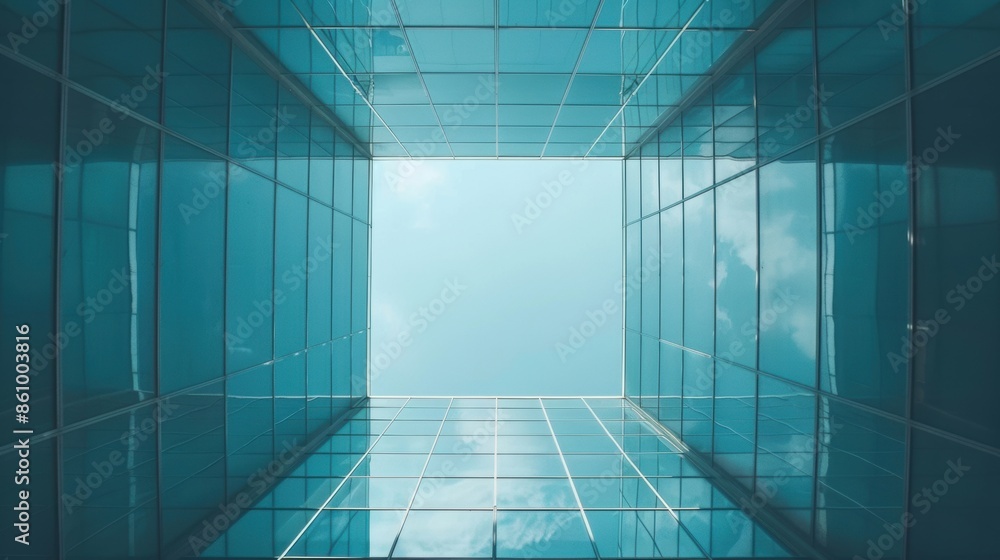 Obraz premium A clear sky seen through the geometric framework of a modern blue glass building, emphasizing architectural design and symmetry.