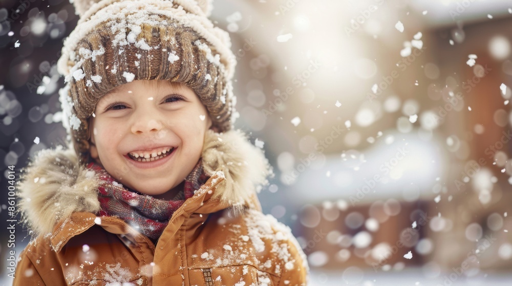 Smiling child dressed warmly in winter clothing, delighting in falling snowflakes, capturing the joy and magic of the winter season. Smiling child dressed warmly in winter clothing, delighting in falling snowflakes, capturing the joy and magic of the winter season.