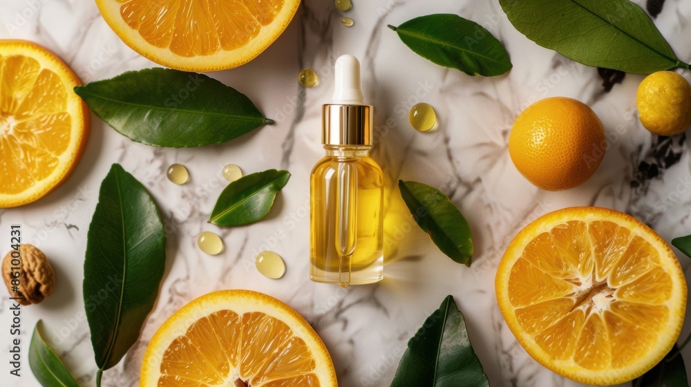 A bottle of citrus essential oil surrounded by fresh orange slices, green leaves, and droplets on a marble surface. A bottle of citrus essential oil surrounded by fresh orange slices, green leaves, and droplets on a marble surface.