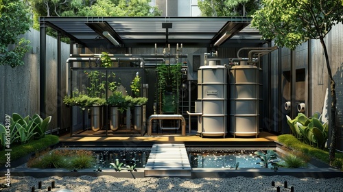 Sustainable back office design featuring rainwater harvesting setup, detailed view of tanks, pipes, and filtration for conserving water © Paul