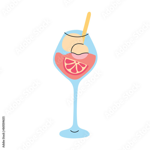 Vector illustration of a grapefruit champagne cocktail with ice cream in a glass. Flat cartoon style, elegant beverage for summer parties. Refreshing campari slush with sorbet, dessert drink icon