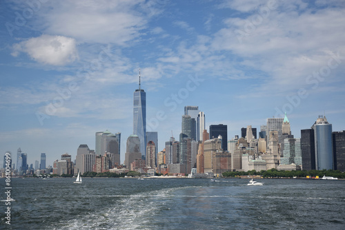 View of New York skyline buildings from the ferry