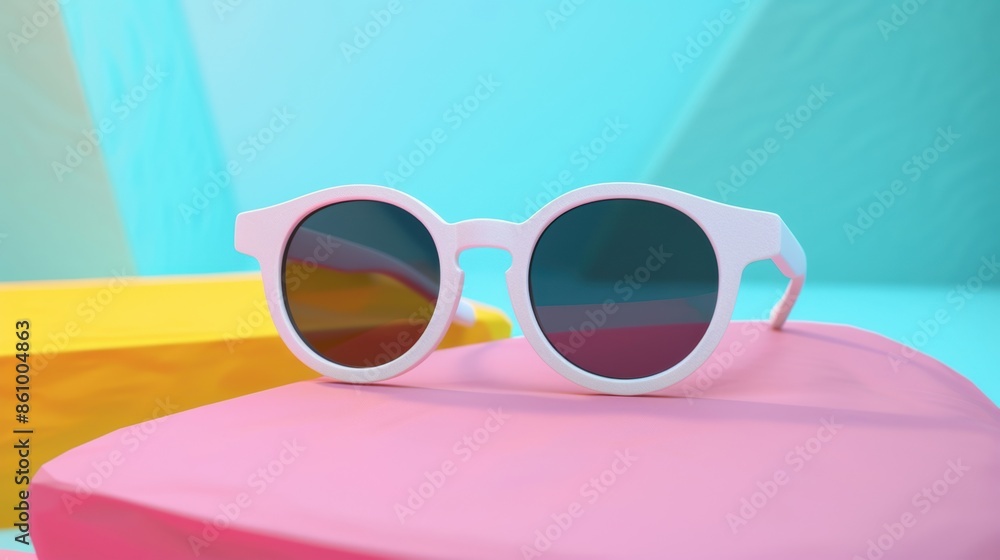 White round sunglasses placed on a pastel-colored surface with pink, yellow, and blue hues, evoking a trendy and modern summer vibe. White round sunglasses placed on a pastel-colored surface with pink, yellow, and blue hues, evoking a trendy and modern summer vibe.