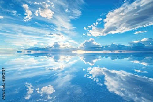 Mirror-like reflection of the sky on the Salar de Uyuni salt flats in Bolivia