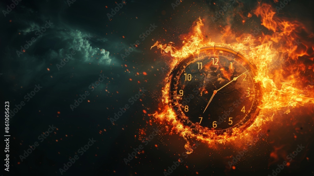 Obraz premium Visual concept of a burning earth clock with a countdown timer, fiery destruction in dark space, emphasizing urgency and danger