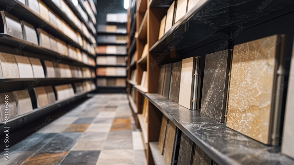 Well-organized store shelves lined with porcelain stoneware tiles, showcasing a spectrum of designs and textures under bright lighting Well-organized store shelves lined with porcelain stoneware tiles, showcasing a spectrum of designs and textures under bright lighting