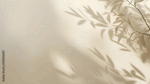 Minimalistic abstract gentle light beige background for product presentation with light andand intricate shadow from the window and vegetation on wall : Generative AI