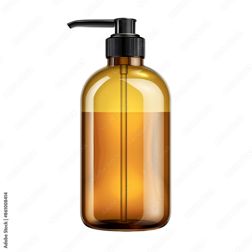 Amber pump bottle with liquid inside, Amber color glass pump bottle isolated on white background Amber pump bottle with liquid inside, Amber color glass pump bottle isolated on white background