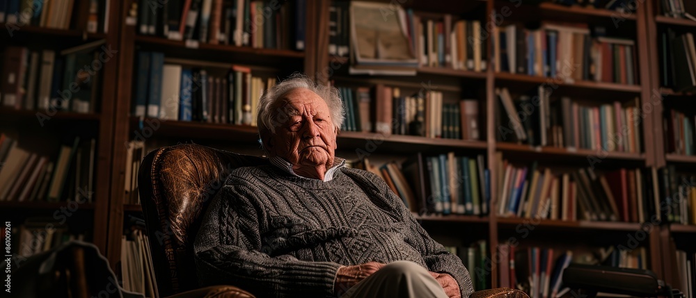 Elderly Man Sitting in a Cozy Library Surrounded by Bookshelves Filled with Books Elderly Man Sitting in a Cozy Library Surrounded by Bookshelves Filled with Books