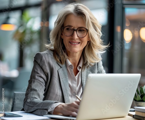 Confident mature businesswoman smiling warmly at her desk in a bright office space