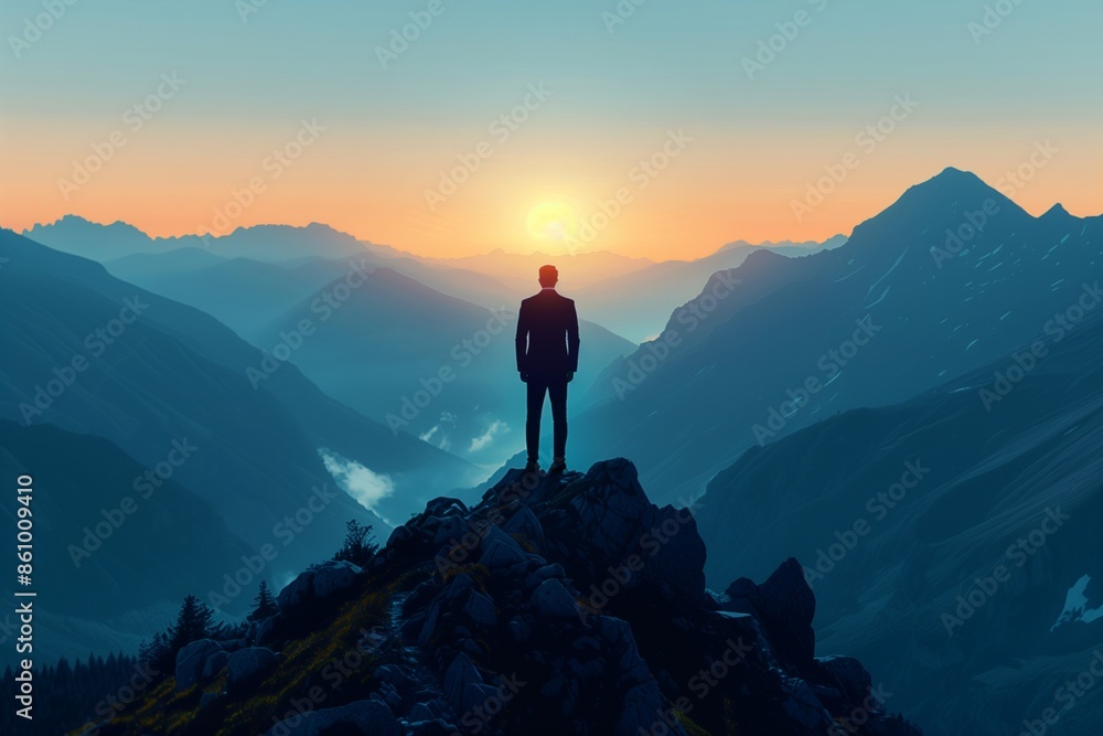 silhouette business man stand on the mountain for business concept silhouette business man stand on the mountain for business concept