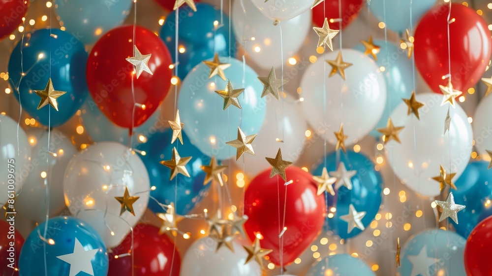Festive celebration scene with an abundance of red, white, and blue balloons adorned with golden stars and string lights, star decorations adding charm Festive celebration scene with an abundance of red, white, and blue balloons adorned with golden stars and string lights, star decorations adding charm