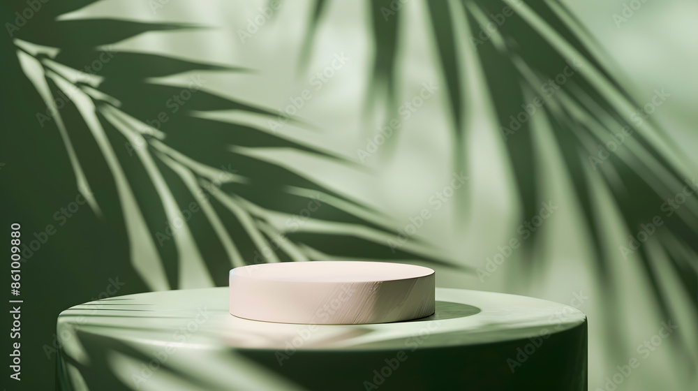 Minimal abstract background for the presentation of a cosmetic product Empty premium podium with a shadow of tropical palm leaves on a green background Showcase display case : Generative AI Minimal abstract background for the presentation of a cosmetic product Empty premium podium with a shadow of tropical palm leaves on a green background Showcase display case : Generative AI