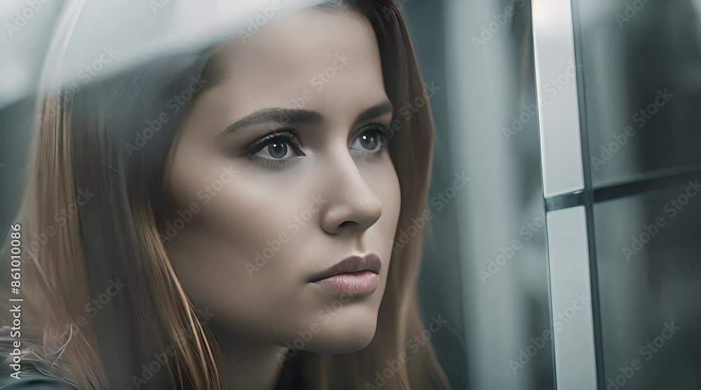 Depression Concept: Woman Trapped Behind Glass Seeking Help and Support Depression Concept: Woman Trapped Behind Glass Seeking Help and Support