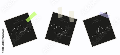 Paper photograph of mountains. Frame with landscape. A moment, a instant, the focus of a lens. Image of nature, travel. Paper picture, digital file of a mountainous area. Black, white postcard. Vector