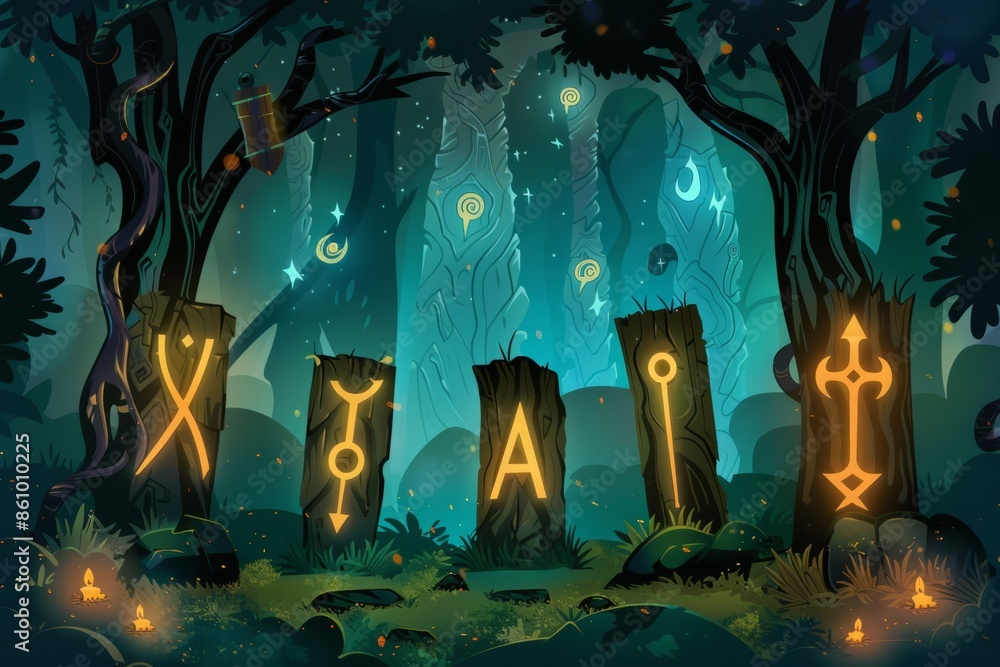 Cartoon cute doodles of ancient runes glowing softly in a mystical ...