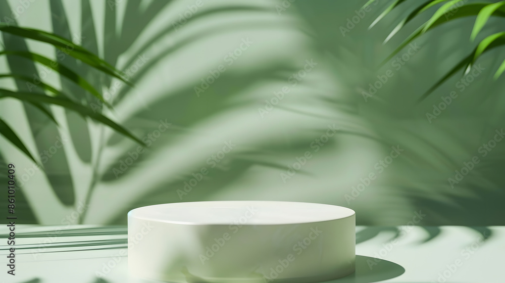 Minimal abstract background for the presentation of a cosmetic product Empty premium podium with a shadow of tropical palm leaves on a green background Showcase display case : Generative AI Minimal abstract background for the presentation of a cosmetic product Empty premium podium with a shadow of tropical palm leaves on a green background Showcase display case : Generative AI